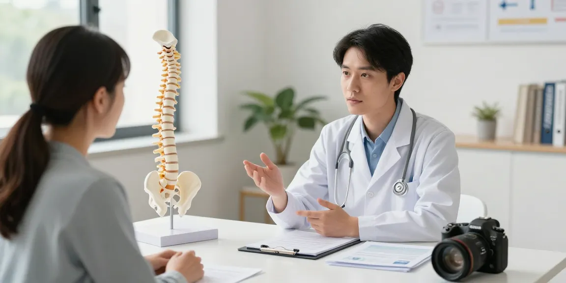 Bel fıtığı ameliyatı consultation in a modern healthcare setting with patient and doctor.