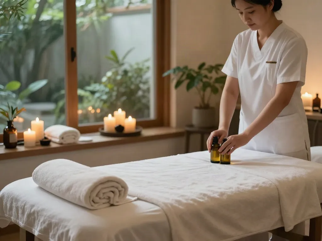Relaxing 송도출장마사지 spa setting with candles and calming ambiance.