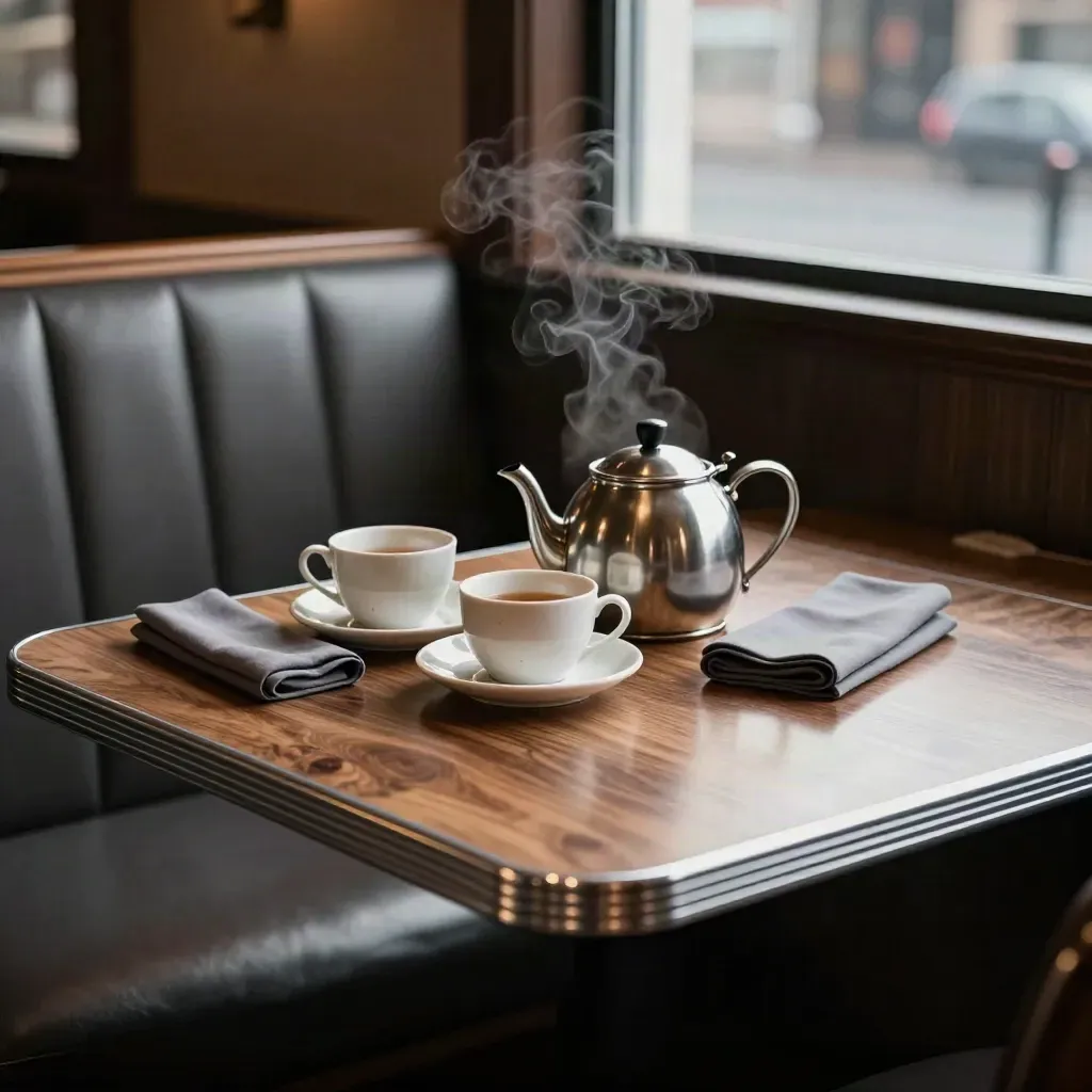 After-hours diner booth with teapot, two cups, gray napkin, and fading steam