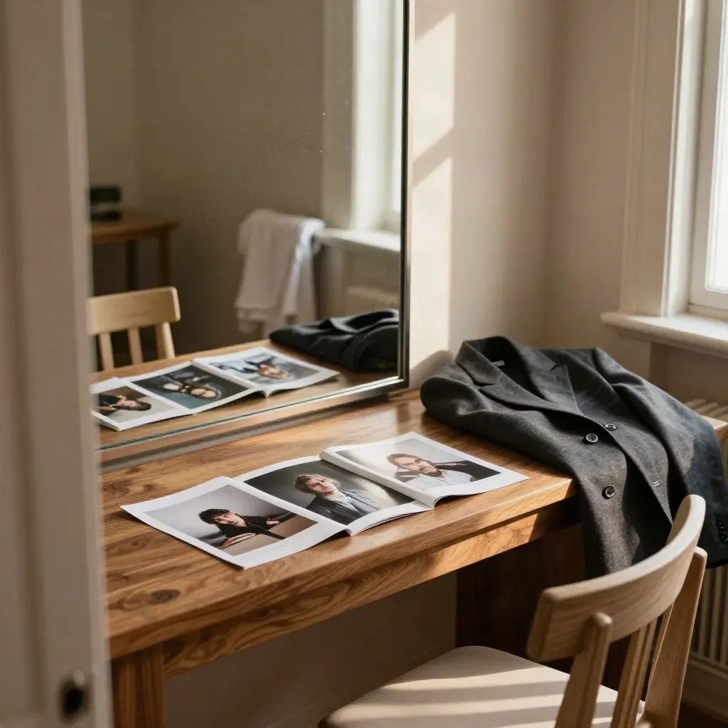 Bedroom mirror corner with photo prints, chair, blazer, and warm late-day window light.