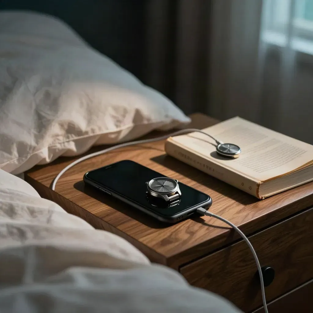 Face-down phone, wristwatch, book and charging cord on a bedside table in moody midnight light.