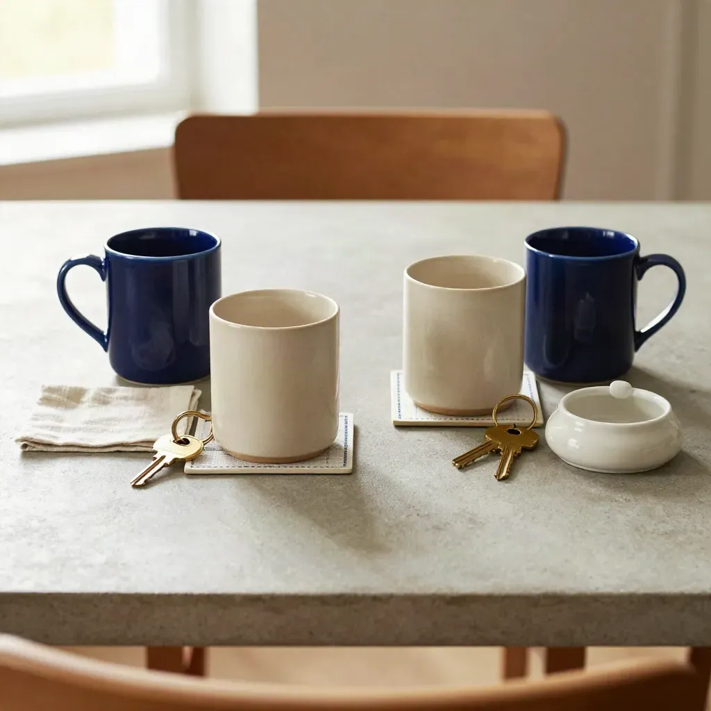 Two clusters of mugs and keys on a dining table, styled for side-by-side comparison.