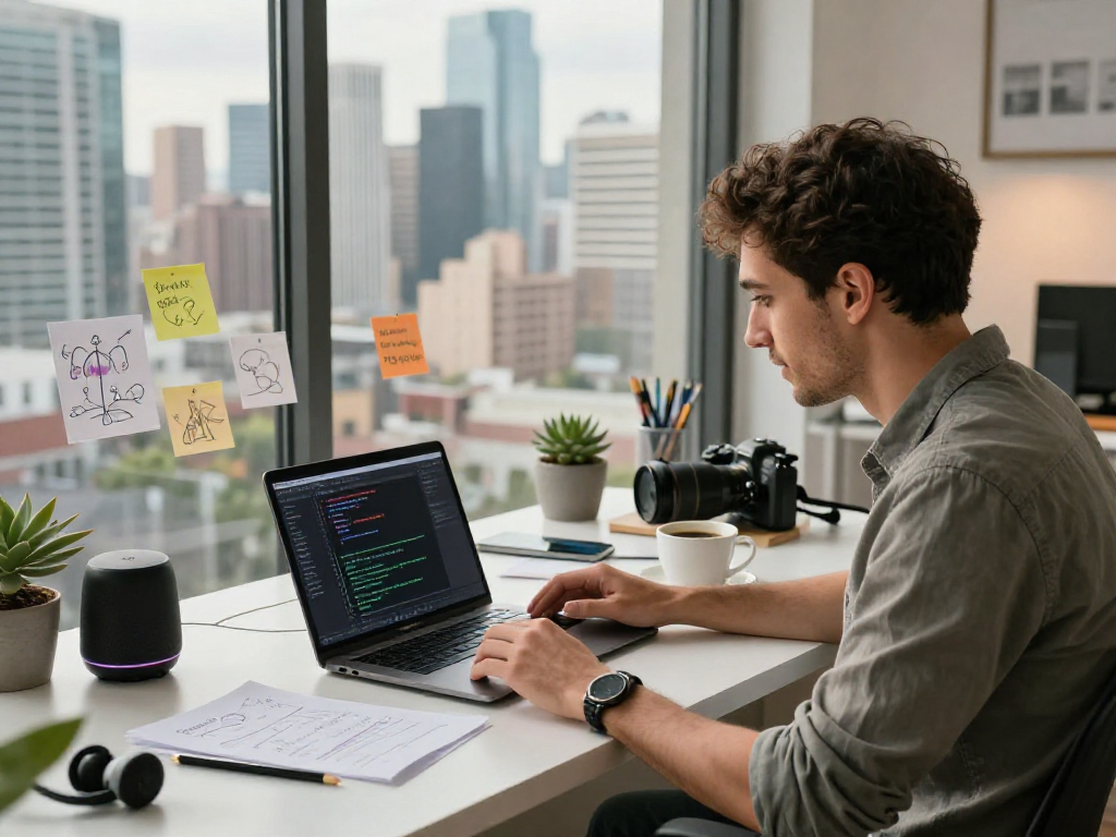 Tech entrepreneur using AI to innovate at a modern office, showcasing crush on ai strategies.