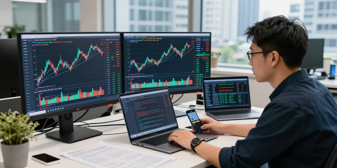 用于分析日股历史K线API的金融交易室,软件工程师专注于多屏幕的数据展示。